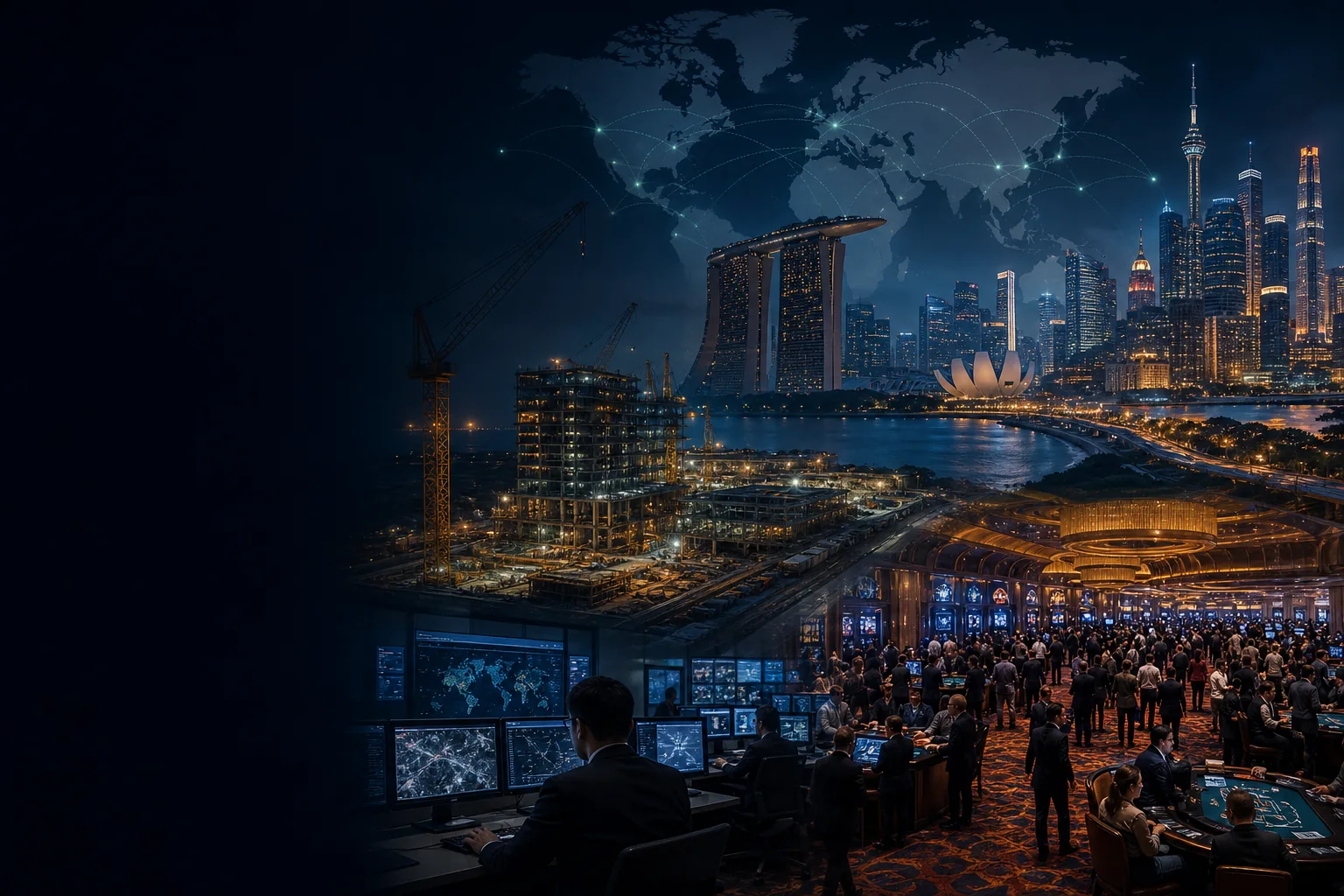 Global casino markets, resort construction and regulation represented in an editorial montage